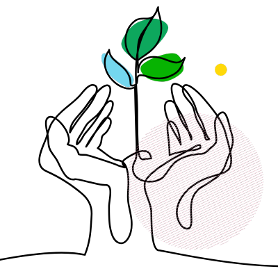 Line art of two hands holding a sapling. 