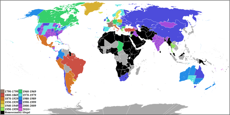 Map indicating legal status of LGBT individuals around the world