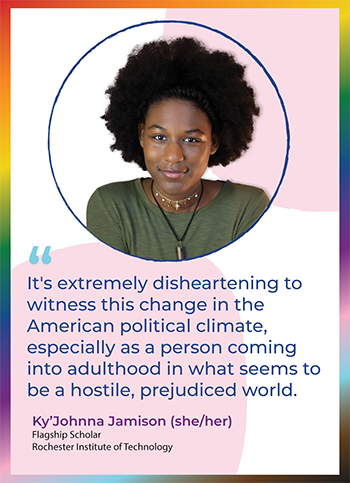 Point Scholar Ky'Johnna's photo next to a quote about the difficult American political climate.