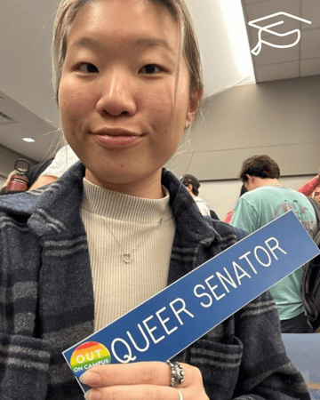 Scholar Jo Lew with a Queer Senator sticker.